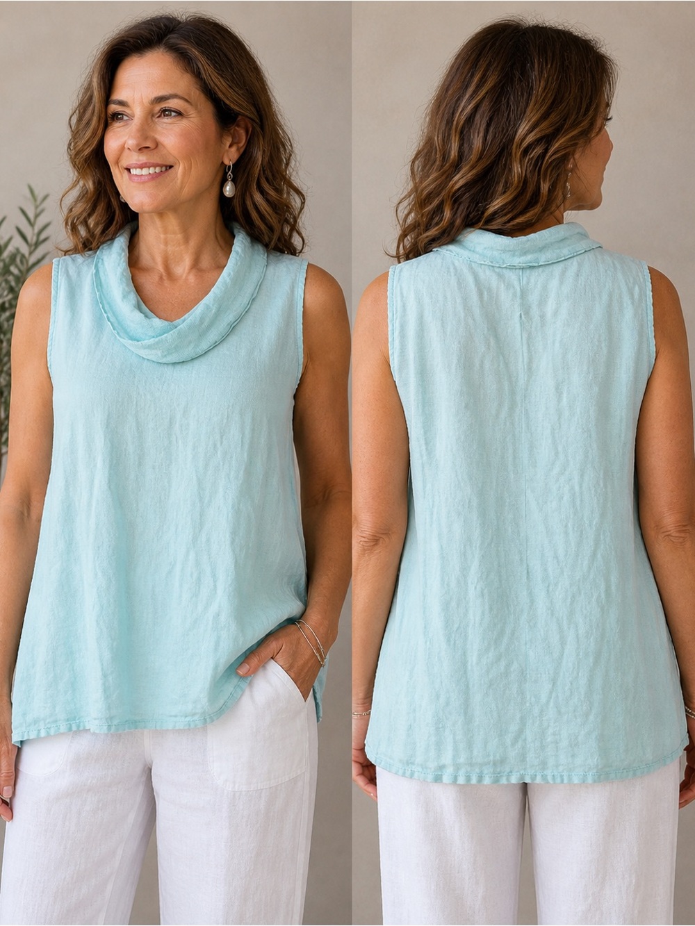 Fenini Aqua Linen Sleeveless Cowl Neck Top Relaxed Fit XXL.       Sku#344